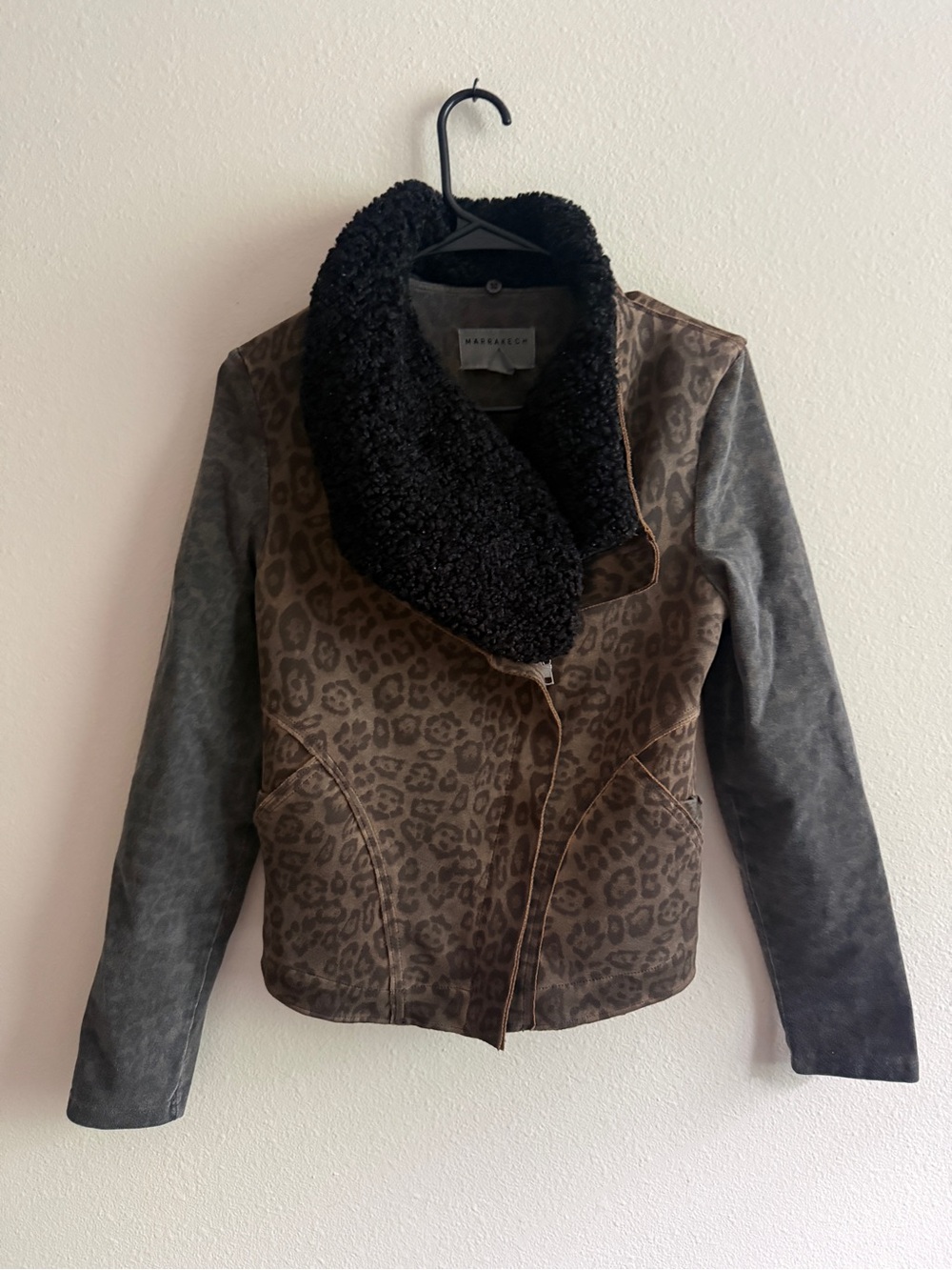 Wren & Forrester Brown Leopard-Print Leather Jacket with Black Sherpa Collar
